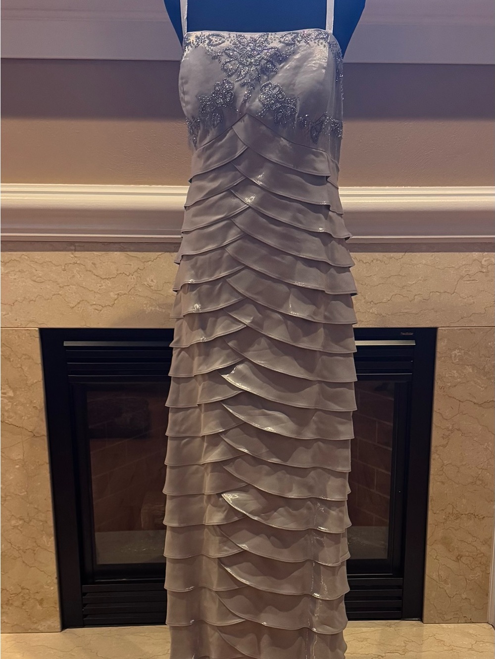 Nina Nischelle Sparkling Silver Layered Dress with Beaded Bodice Embellishments